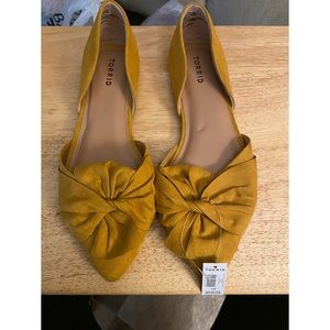 Mustard Yellow Faux Suede Twist Bow Flat Sz12(WW)